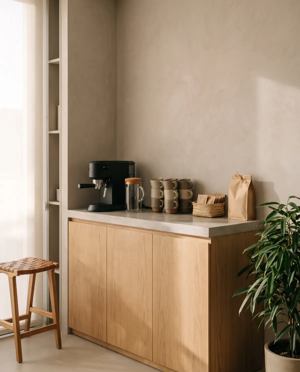 Coin café compact dans un bureau contemporain, crédence en chêne et plan en microciment