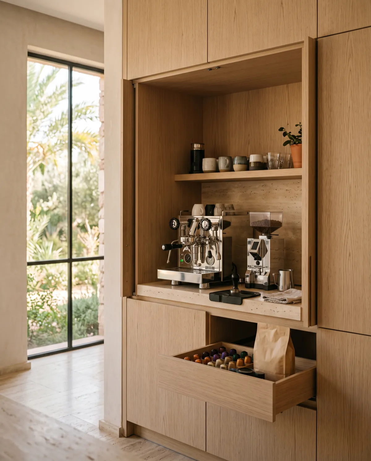 Coin café intégré dans la cuisine d'une villa moderne au Maroc