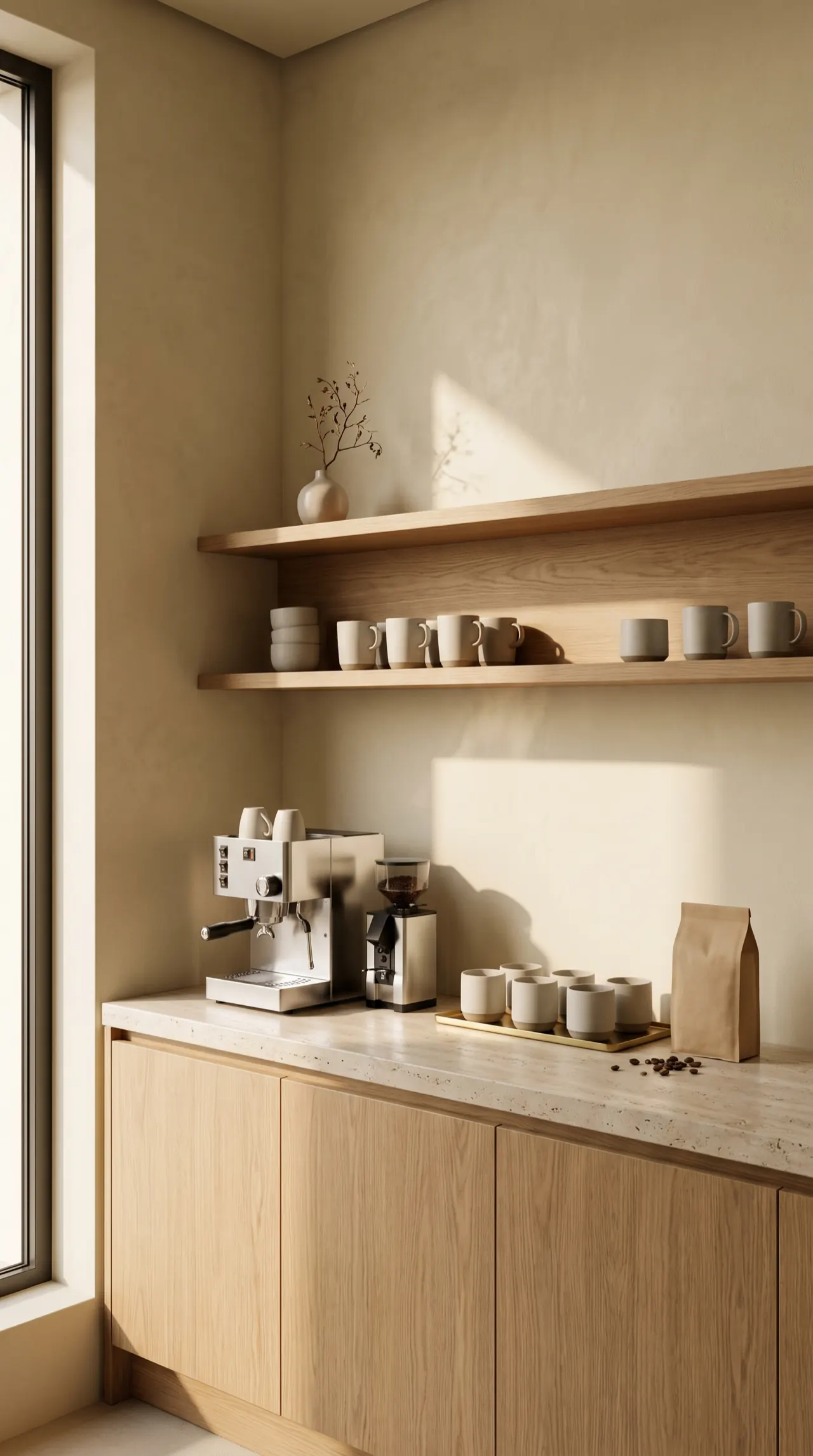 Coin café sur mesure dans un intérieur contemporain, plâtre chaud et chêne clair